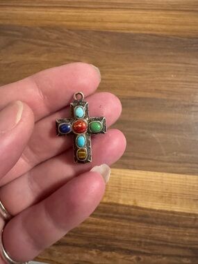 Vintage Multicolor Stone Cross Pendant - Turquoise, Red, Green